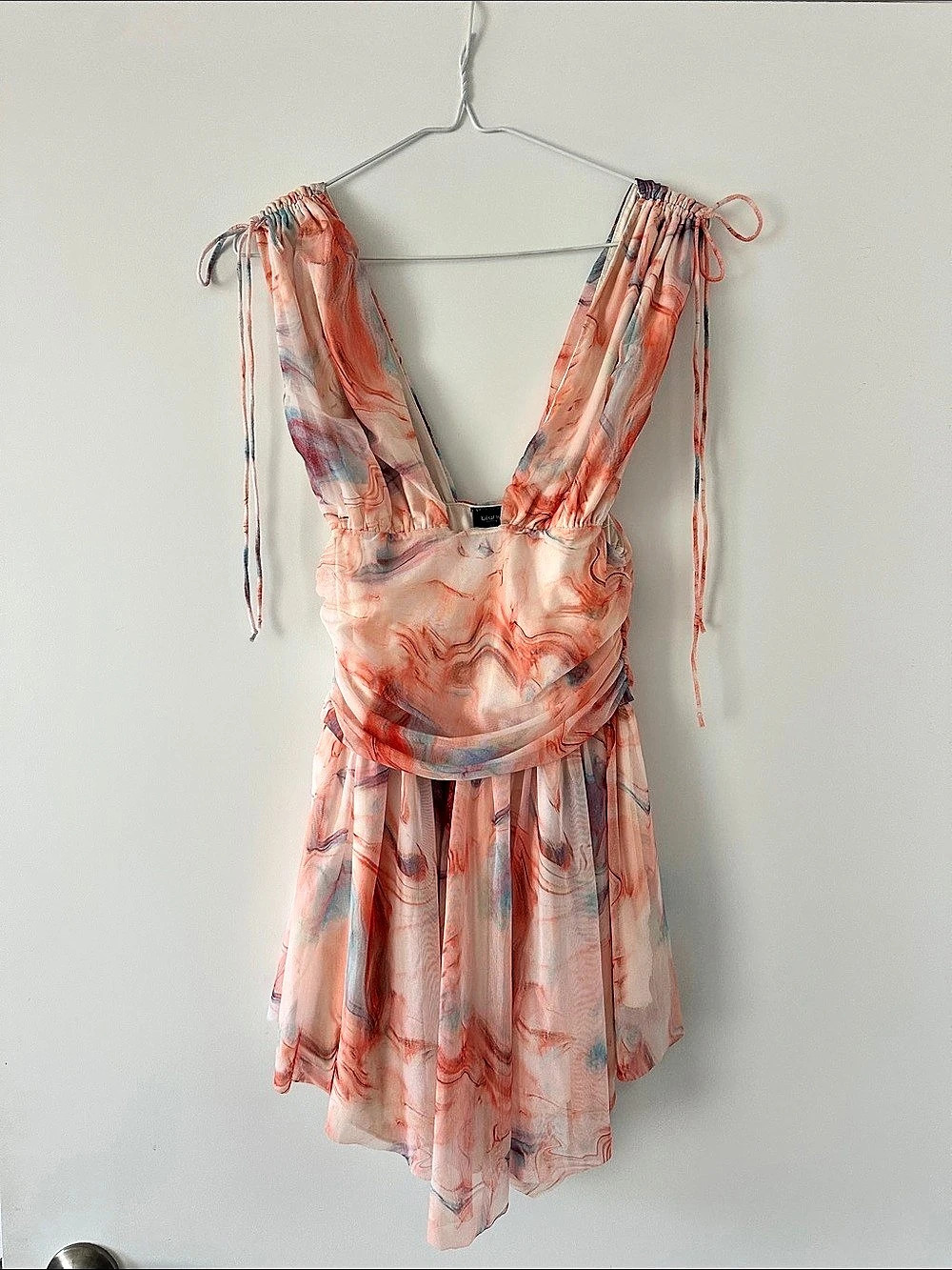 Blanc Clothing Print Mini Dress in Pink, coral & Blue